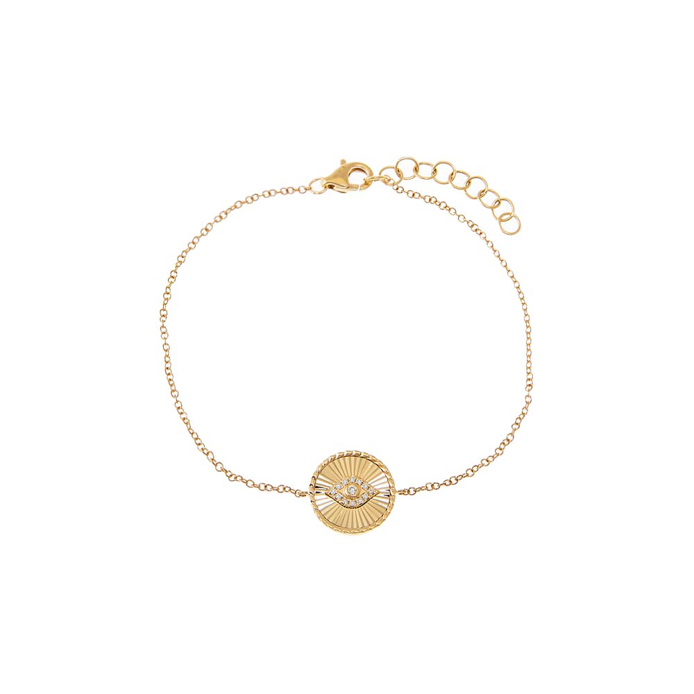 14K Gold Diamond Pave Evil Eye Ridged Disc Bracelet 14K - Adina Eden's Jewels