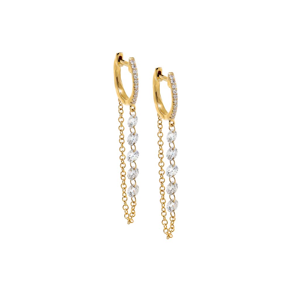14K Gold Floating Multi Diamond Chain Pave Huggie Earring 14K - Adina Eden's Jewels