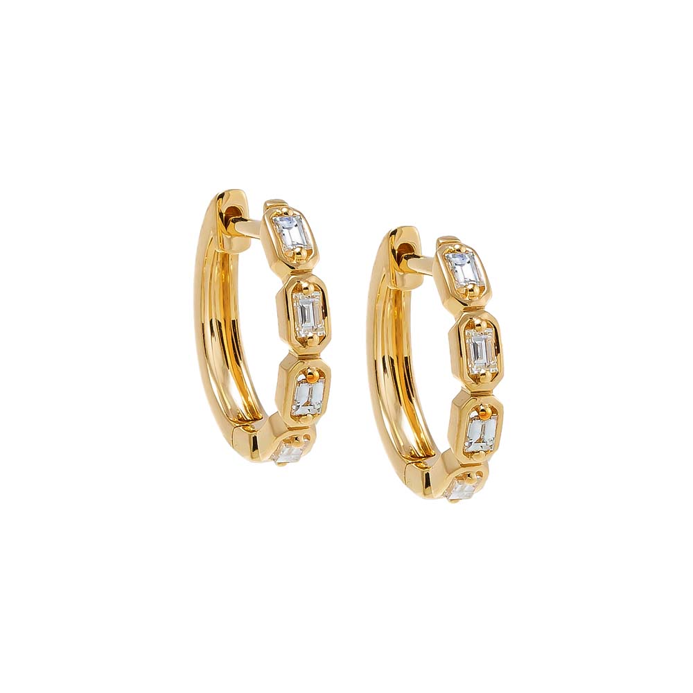 14K Gold Diamond Multi Emerald Cut Bezel Huggie Earring 14K - Adina Eden's Jewels