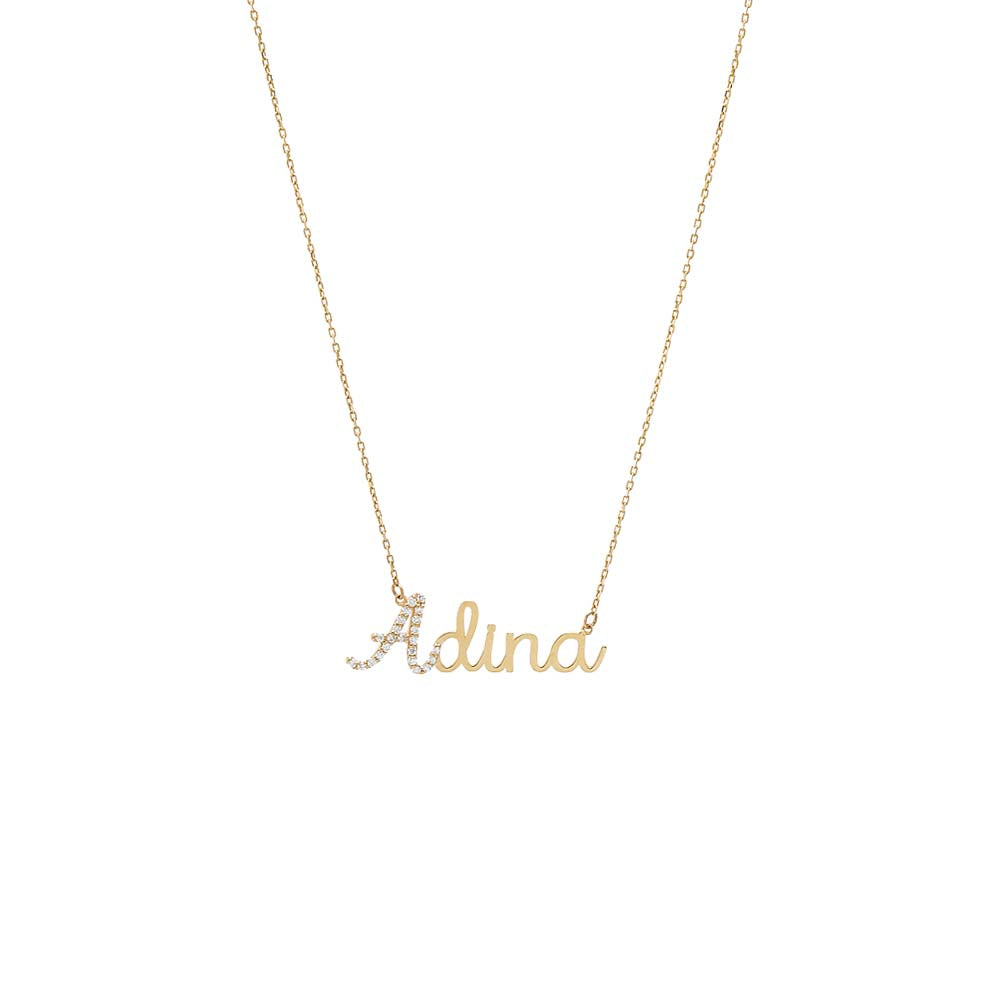 14K Gold / 3 Diamond Accented Script Nameplate Necklace 14K - Adina Eden's Jewels