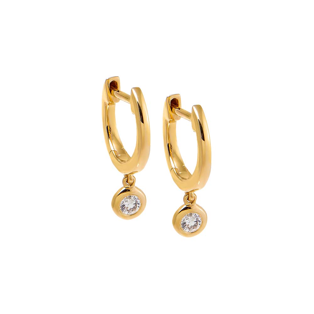 14K Gold Diamond Solitaire Bezel Dangling Huggie Earring 14K - Adina Eden's Jewels