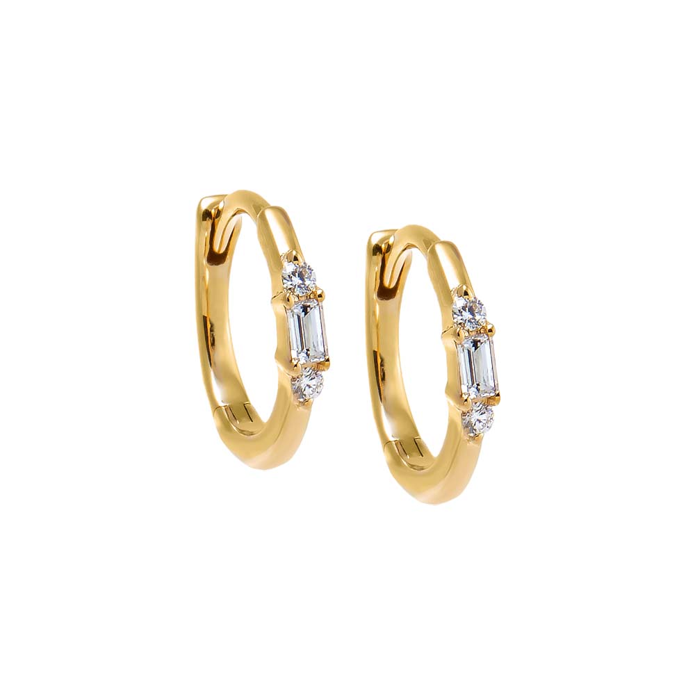 14K Gold Diamond Baguette & Solitaire Huggie Earring 14K - Adina Eden's Jewels