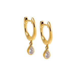 14K Gold Diamond Pear Bezel Dangling Huggie Earring 14K - Adina Eden's Jewels