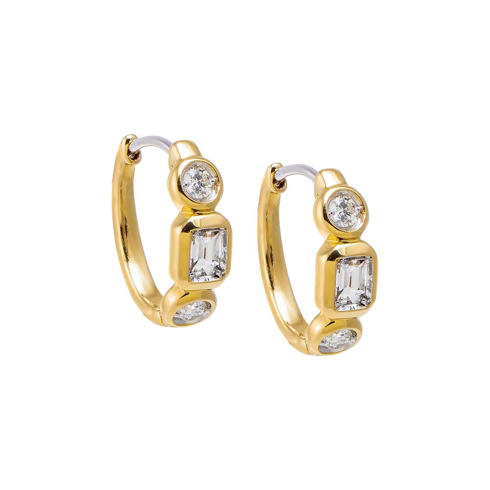 14K Gold Diamond Round X Emerald Bezel Huggie Earring 14K - Adina Eden's Jewels