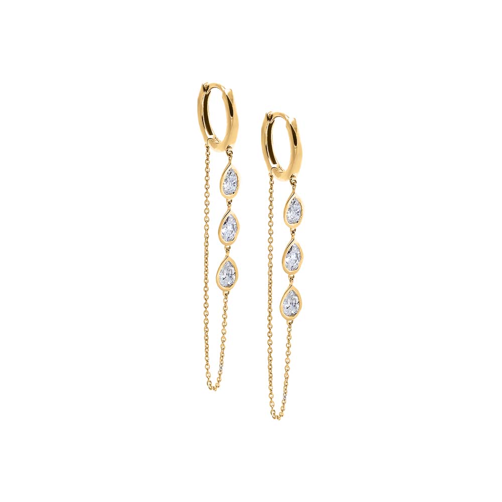 14K Gold Lab Grown Diamond Teardrop Chain Dangle Huggie Earring 14K - Adina Eden's Jewels