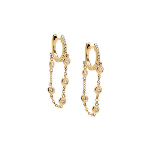 14K Gold / Pair Diamond By The Yard Chain Drop Huggie Earring 14K - Adina Eden's Jewels