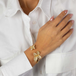 Pave Double Fancy Flower Open Bangle - Adina Eden's Jewels