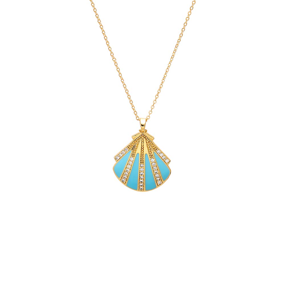Turquoise Turquoise Enamel & CZ Seashell Pendant Necklace - Adina Eden's Jewels