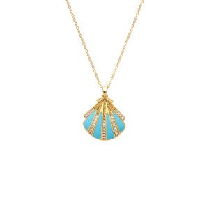 Turquoise Turquoise Enamel & CZ Seashell Pendant Necklace - Adina Eden's Jewels