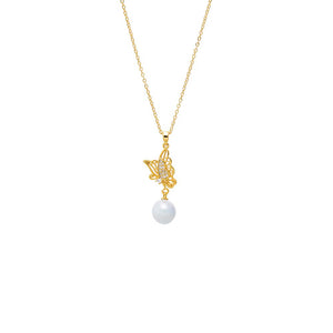 White CZ Butterfly & Drop Pearl Pendant Necklace - Adina Eden's Jewels