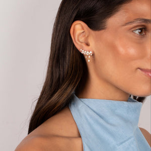 Pearl X CZ Curved Bar Dangling Stud Earring - Adina Eden's Jewels