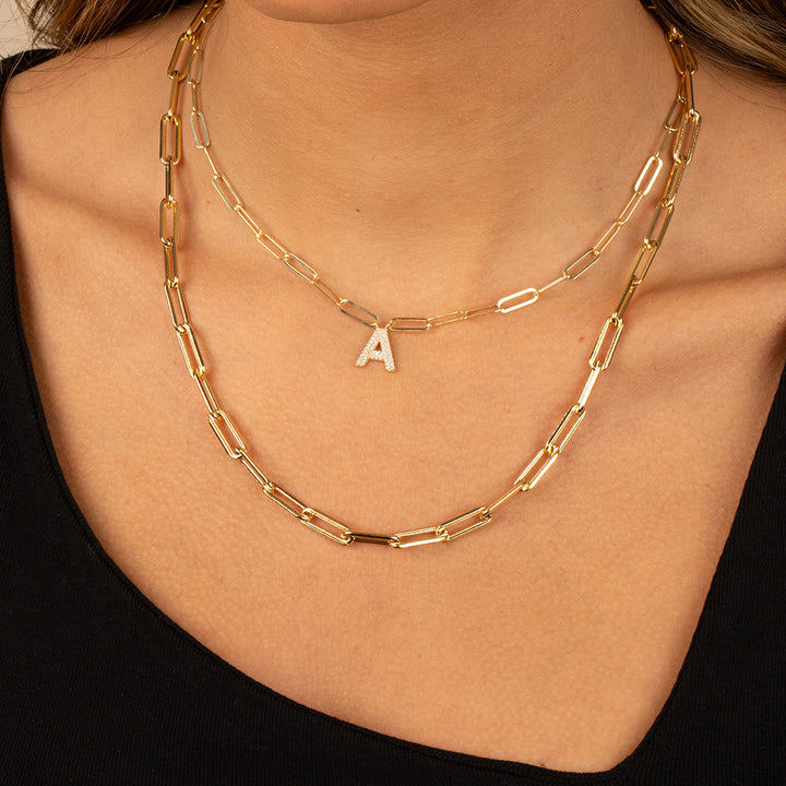  Pavé Block Initial Paperclip Necklace - Adina Eden's Jewels