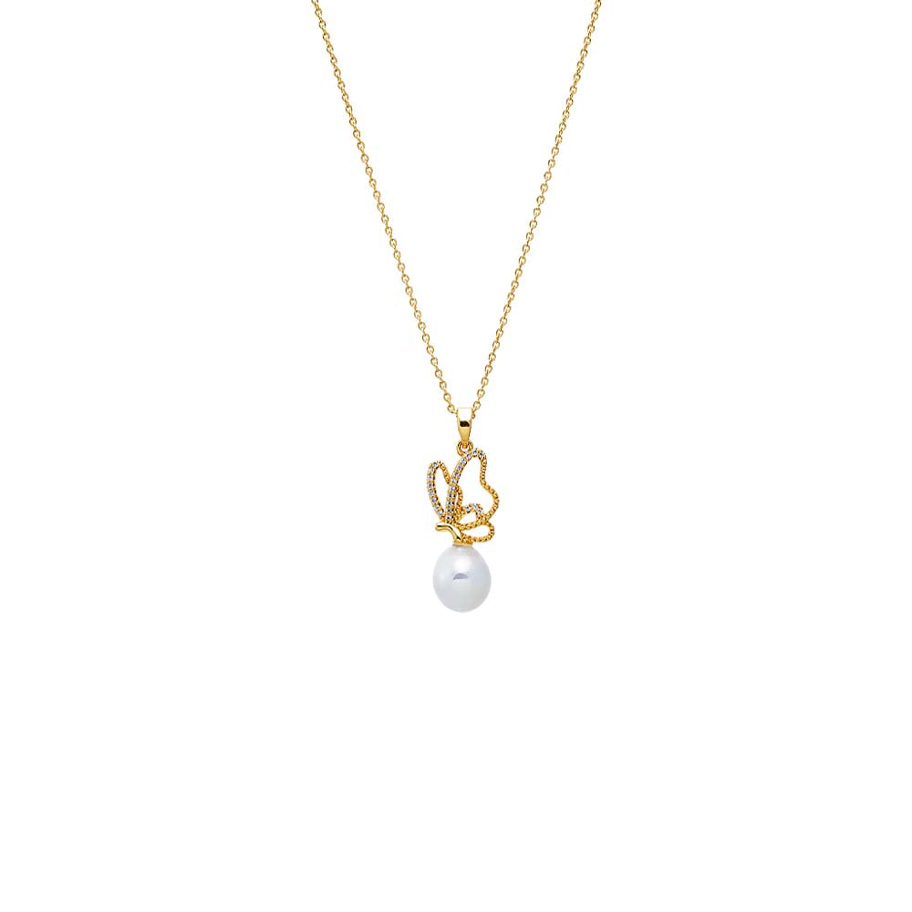 Gold Pave Flying Butterfly Pearl Pendant Necklace - Adina Eden's Jewels