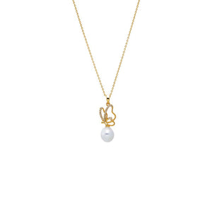 Gold Pave Flying Butterfly Pearl Pendant Necklace - Adina Eden's Jewels