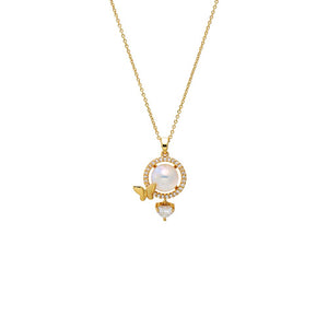 Gold Pave Circle Butterfly Pearl Pendant Necklace - Adina Eden's Jewels