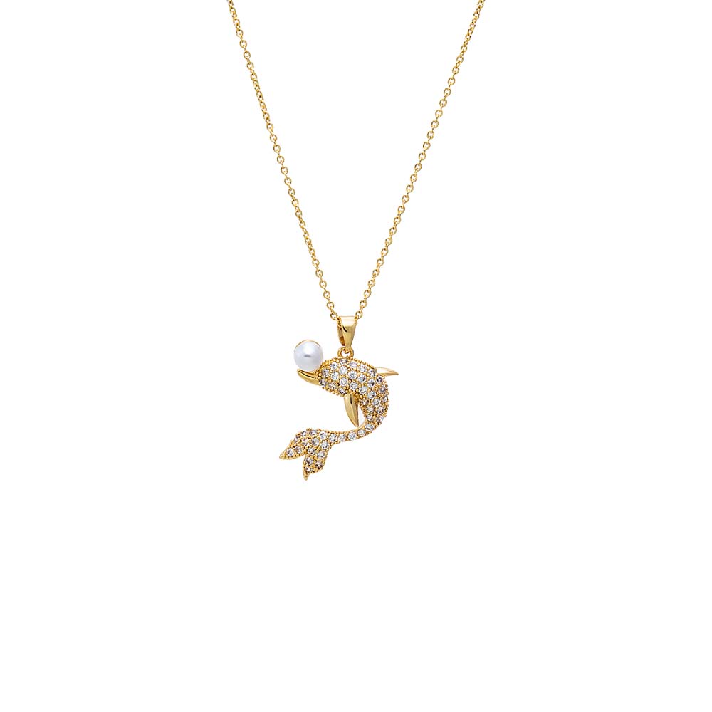 Gold Pave Dolphin Pearl Pendant Necklace - Adina Eden's Jewels