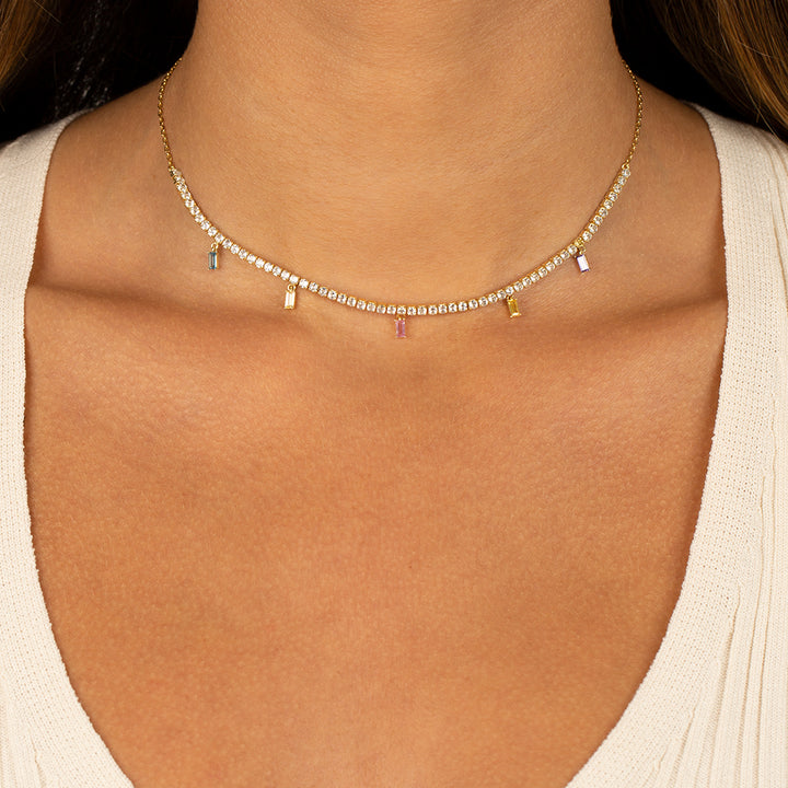  Pastel Dangling Baguettes Tennis Necklace - Adina Eden's Jewels