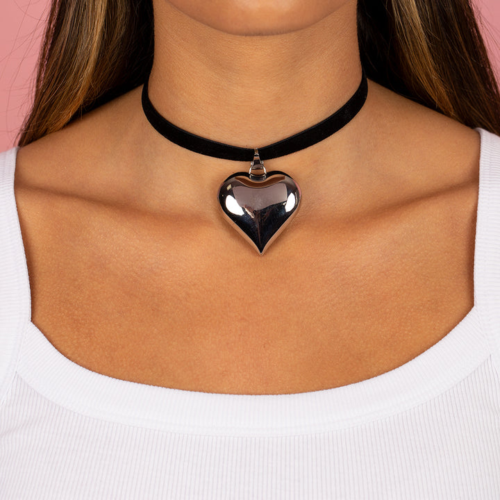Large Puffy Chunky Heart Necklace Black Velvet Choker Adina Eden Jewels