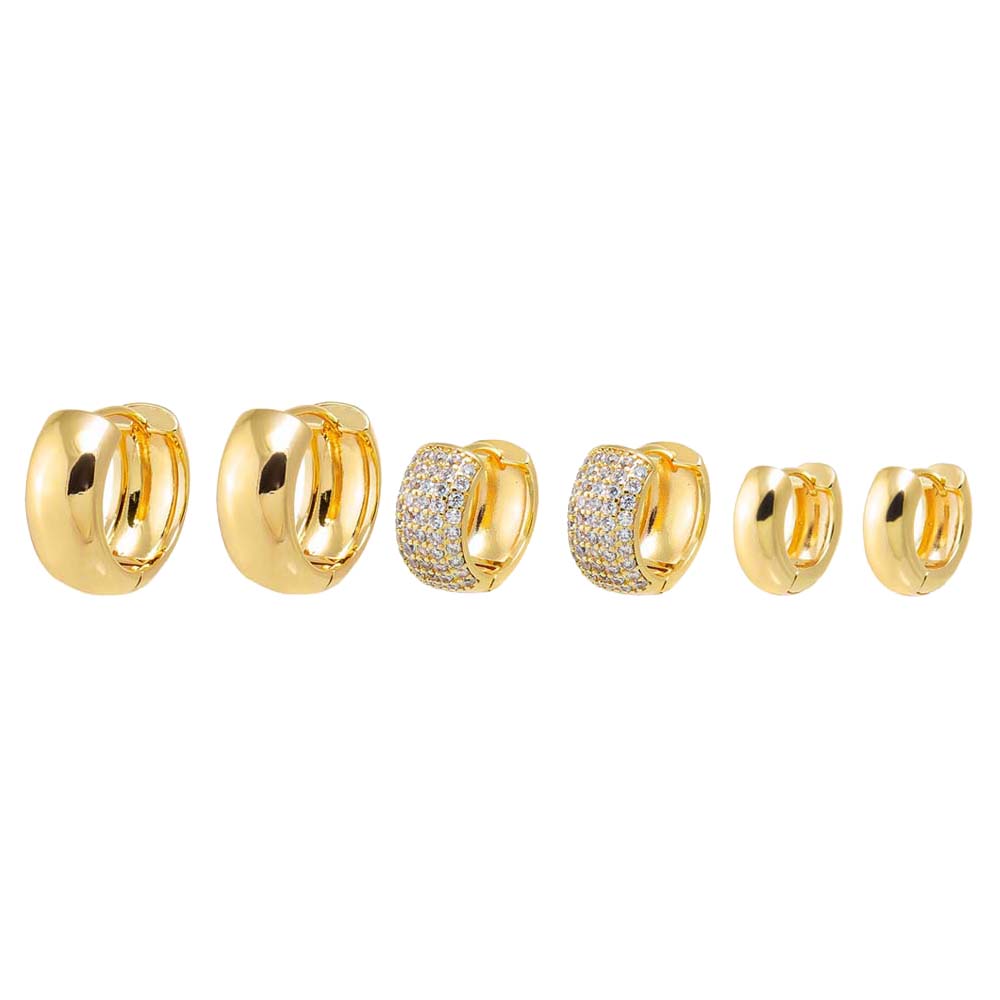 Gold Solid/Pave Wide Huggie Earring Combo Set - Adina Eden's Jewels