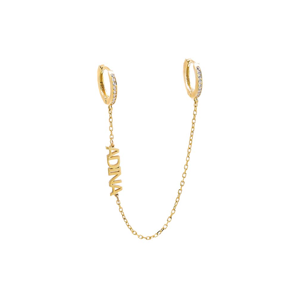 Gold Pave Double Chain Huggie Nameplate Earring - Adina Eden's Jewels