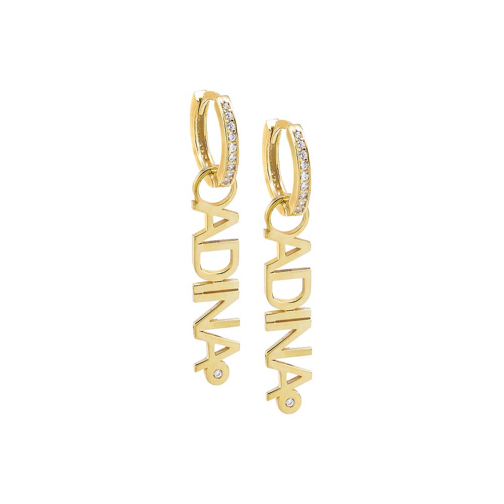 Gold Pave Dangling Nameplate Huggie Earring - Adina Eden's Jewels