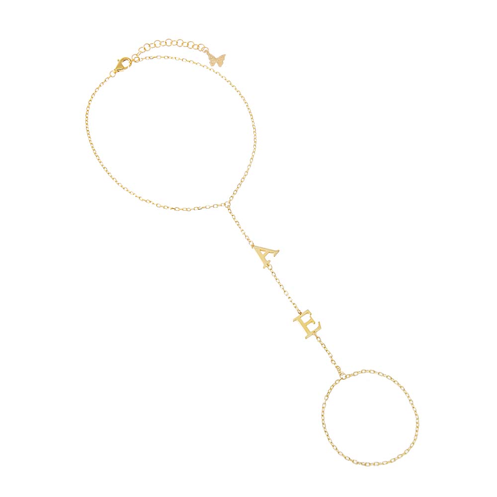 Gold Solid Double Initial Hand Chain Bracelet - Adina Eden's Jewels