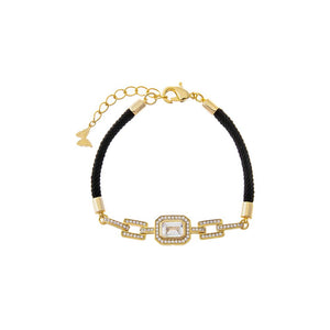 Gold Pave Halo Link Black Cord Bracelet - Adina Eden's Jewels