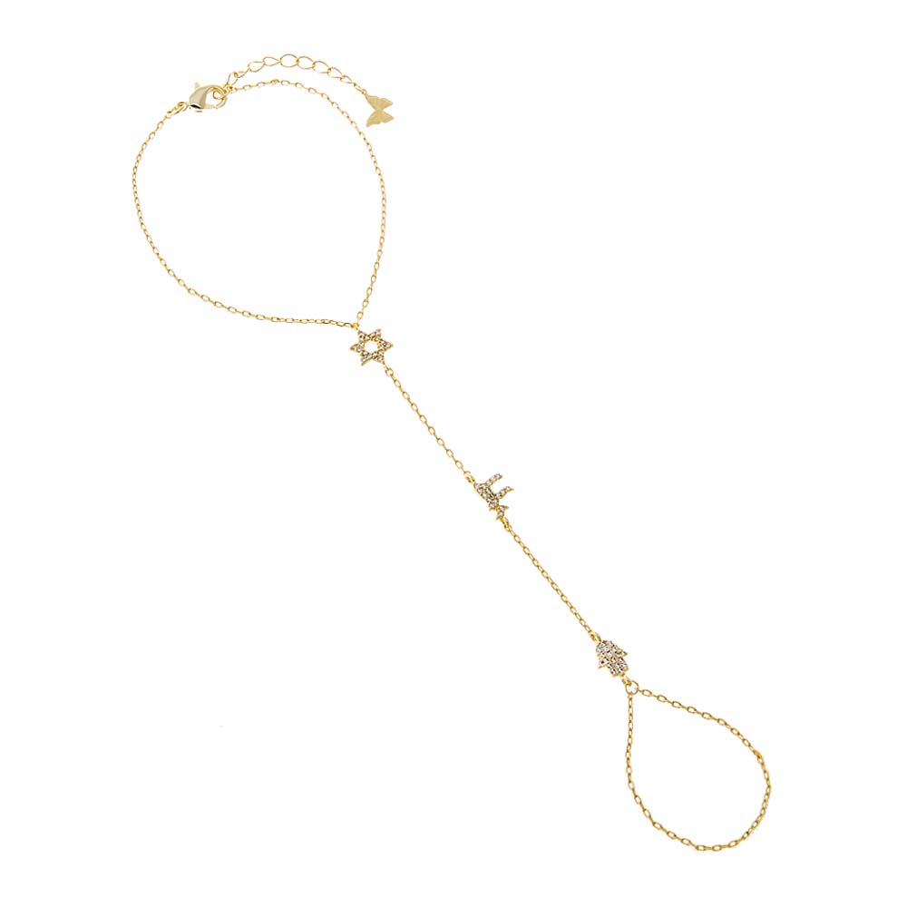 Gold Pave Jewish Charms Hand Chain Bracelet - Adina Eden's Jewels