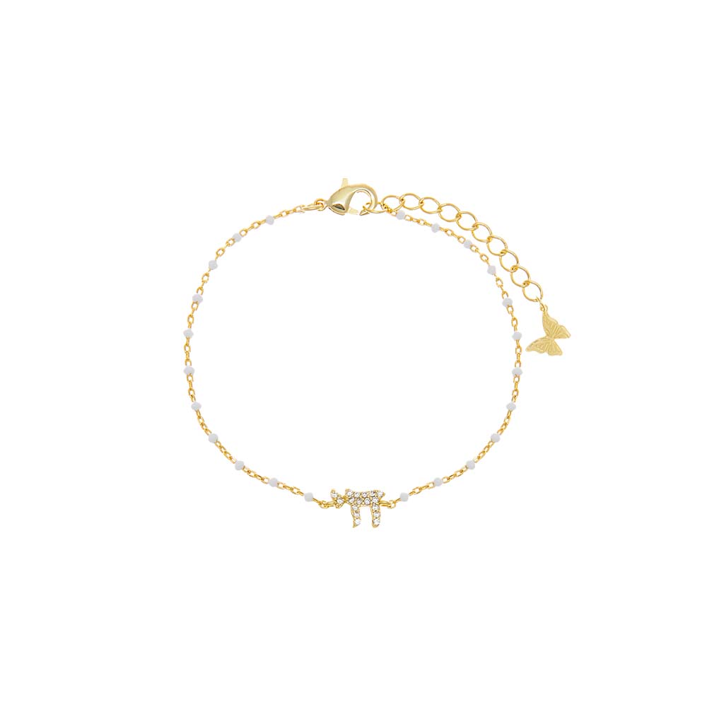 Gold Chai White Enamel Beaded Bracelet - Adina Eden's Jewels