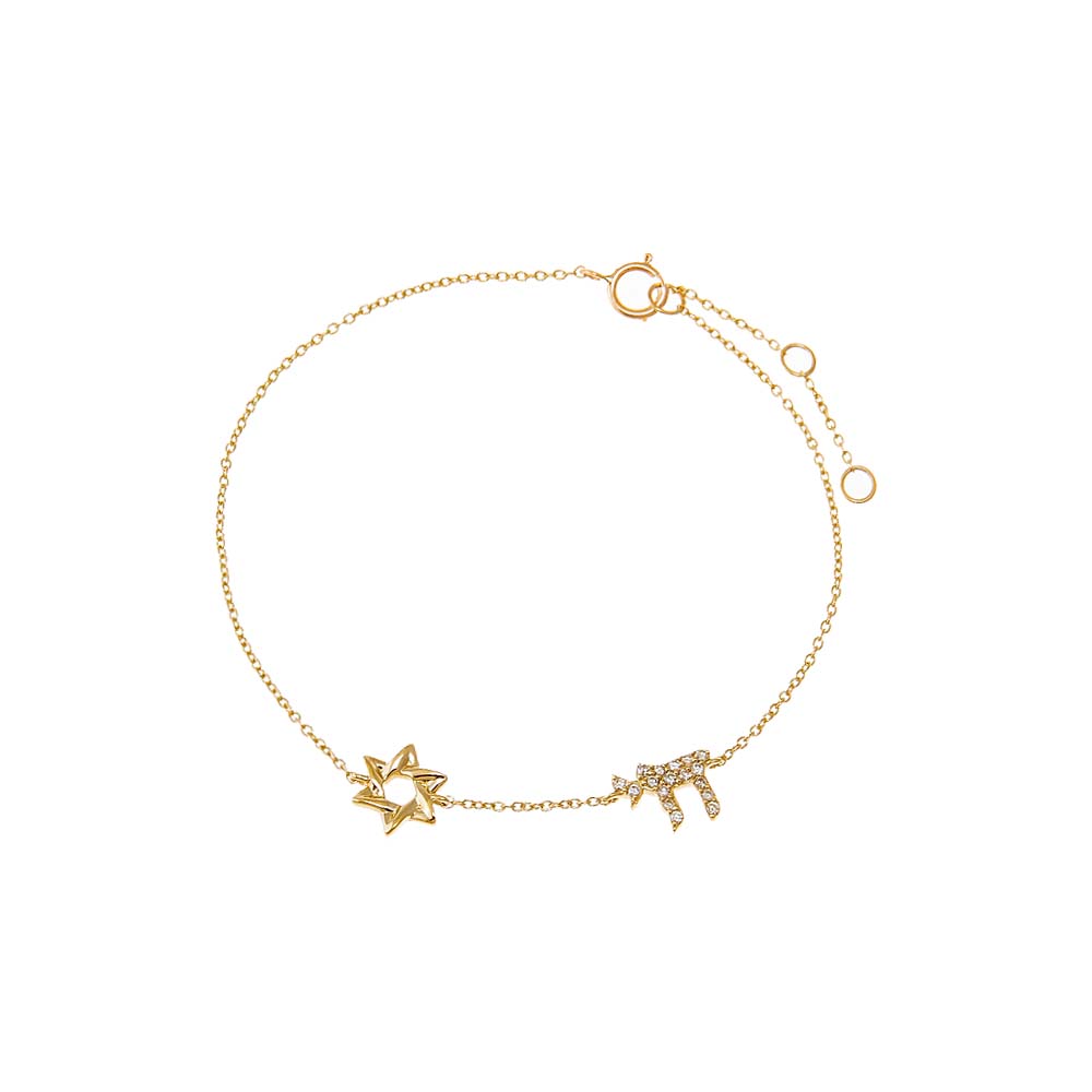 14K Gold Diamond Pave/Solid Chai & Star Of David Bracelet 14K - Adina Eden's Jewels