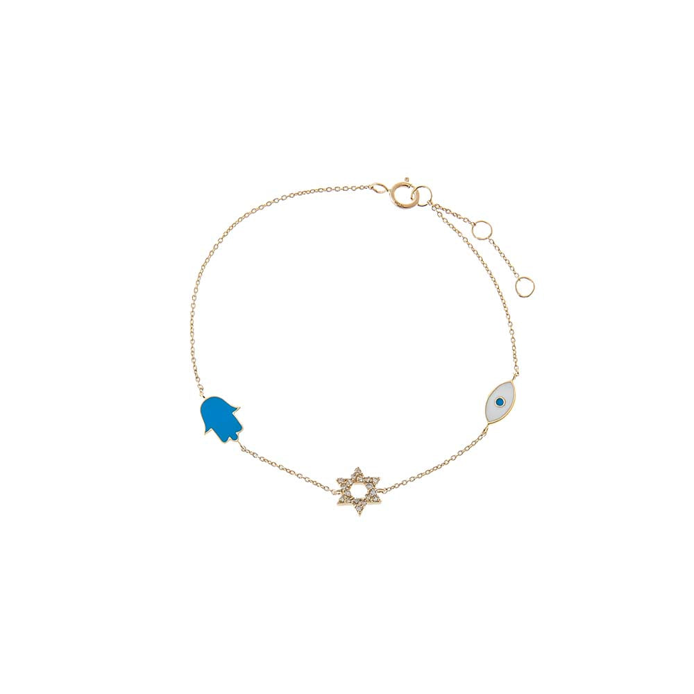 14K Gold Diamond & Colored Enamel Jewish Charms Bracelet 14K - Adina Eden's Jewels