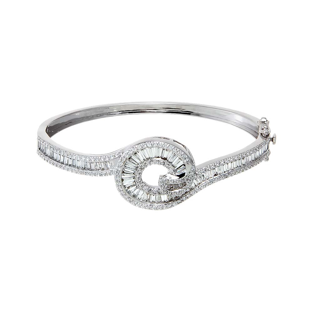 14K White Gold Lab Grown Diamond Pave X Baguette Fancy Loop Bangle Bracelet 14K - Adina Eden's Jewels