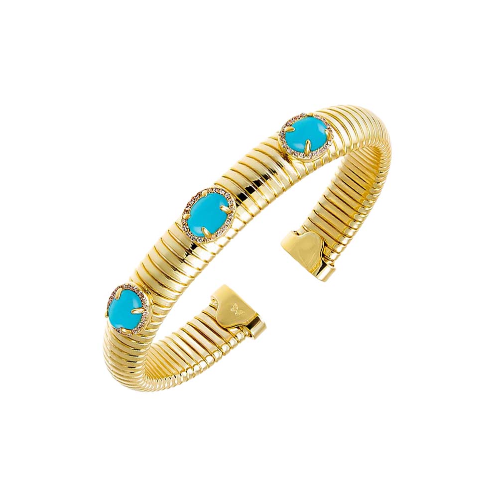 Turquoise Colored Pave Triple Stone Snake Bangle Bracelet - Adina Eden's Jewels