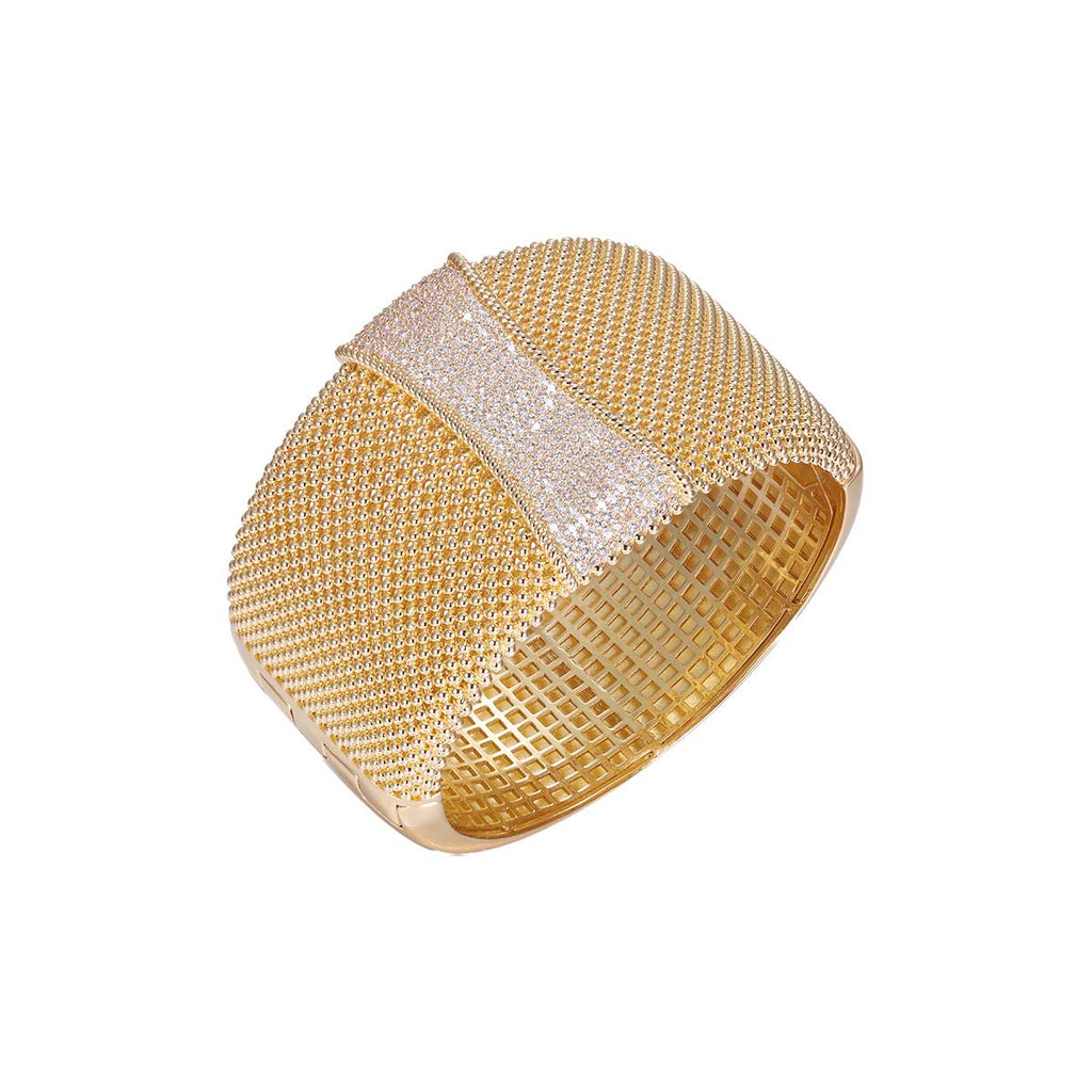 Gold Pave Accented Wide Mesh Bangle Bracelet - Adina Eden's Jewels