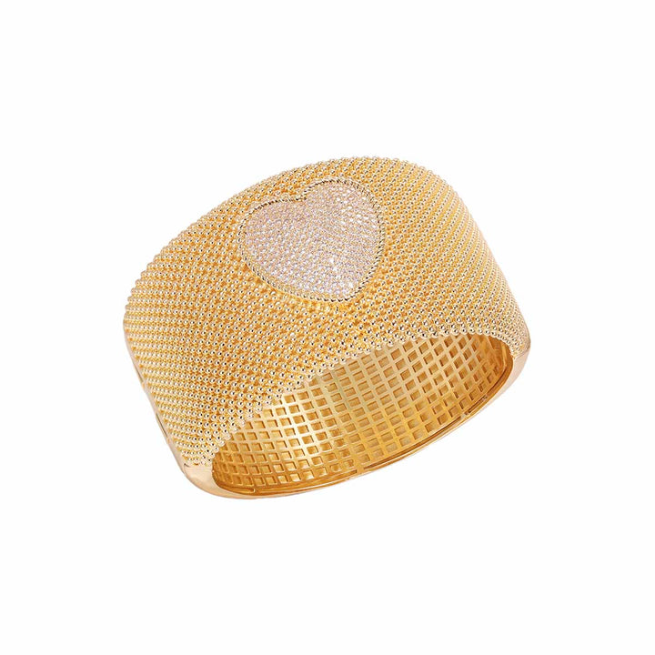 Gold Pave Heart Accented Wide Mesh Bangle Bracelet - Adina Eden's Jewels