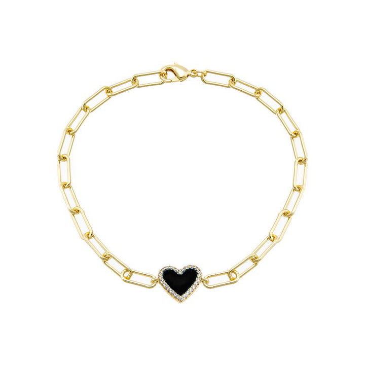 Onyx Pave Colored Stone Heart Paperclip Bracelet - Adina Eden's Jewels