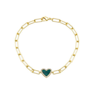 Malachite Pave Colored Stone Heart Paperclip Bracelet - Adina Eden's Jewels