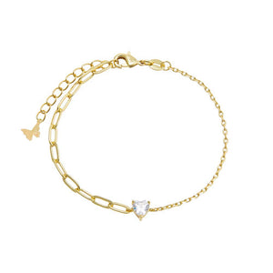 Gold CZ Heart Pendant Double Chain Bracelet - Adina Eden's Jewels