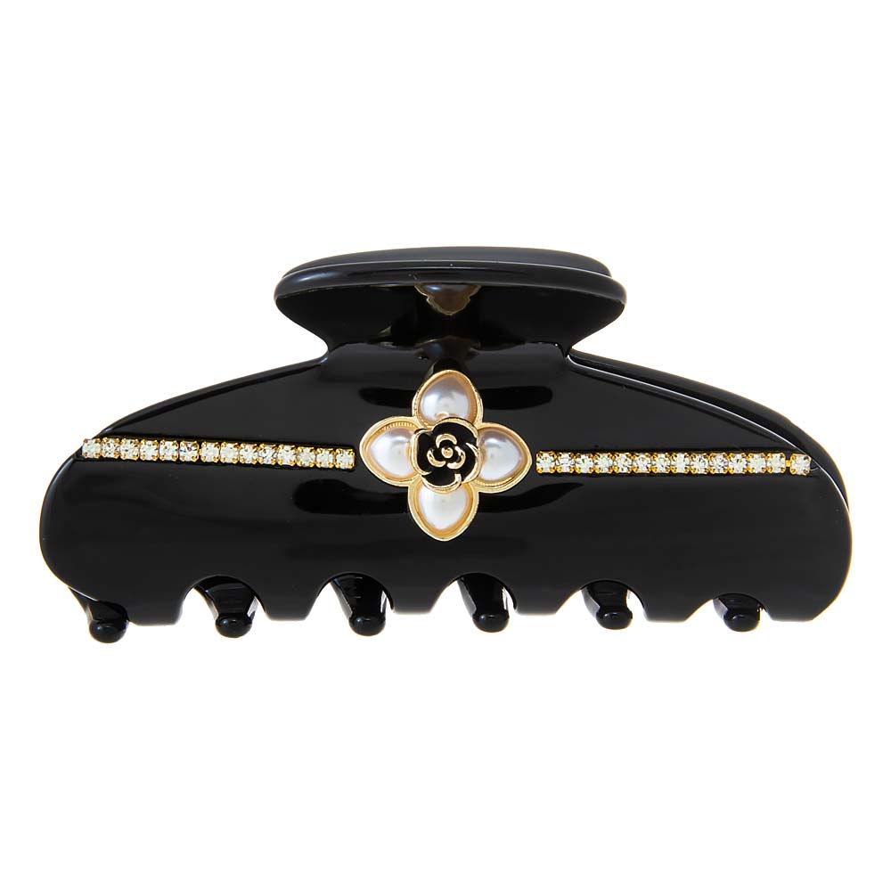Black Pearl Flower W/ Rhinestone Large Claw Clip - Adina Eden's Jewels