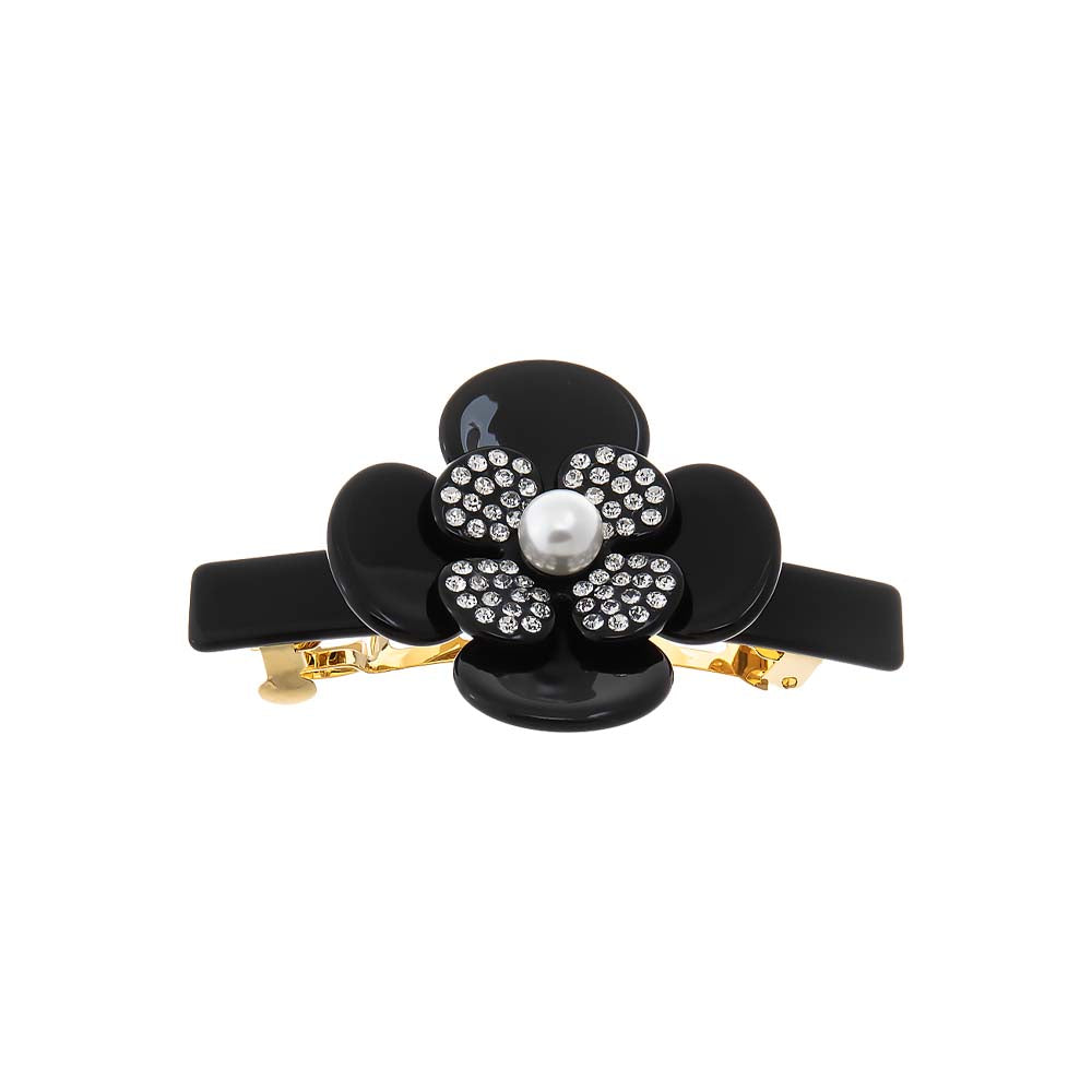 Black Pearl Flower W/ Rhinestone Black Hair Barrette - Adina Eden's Jewels
