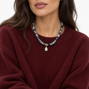 CZ Pear Black Net Stone Beaded Charm Necklace - Adina Eden's Jewels