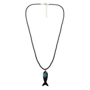 Black Enamel Fish / Onyx Beaded Pendant Necklace