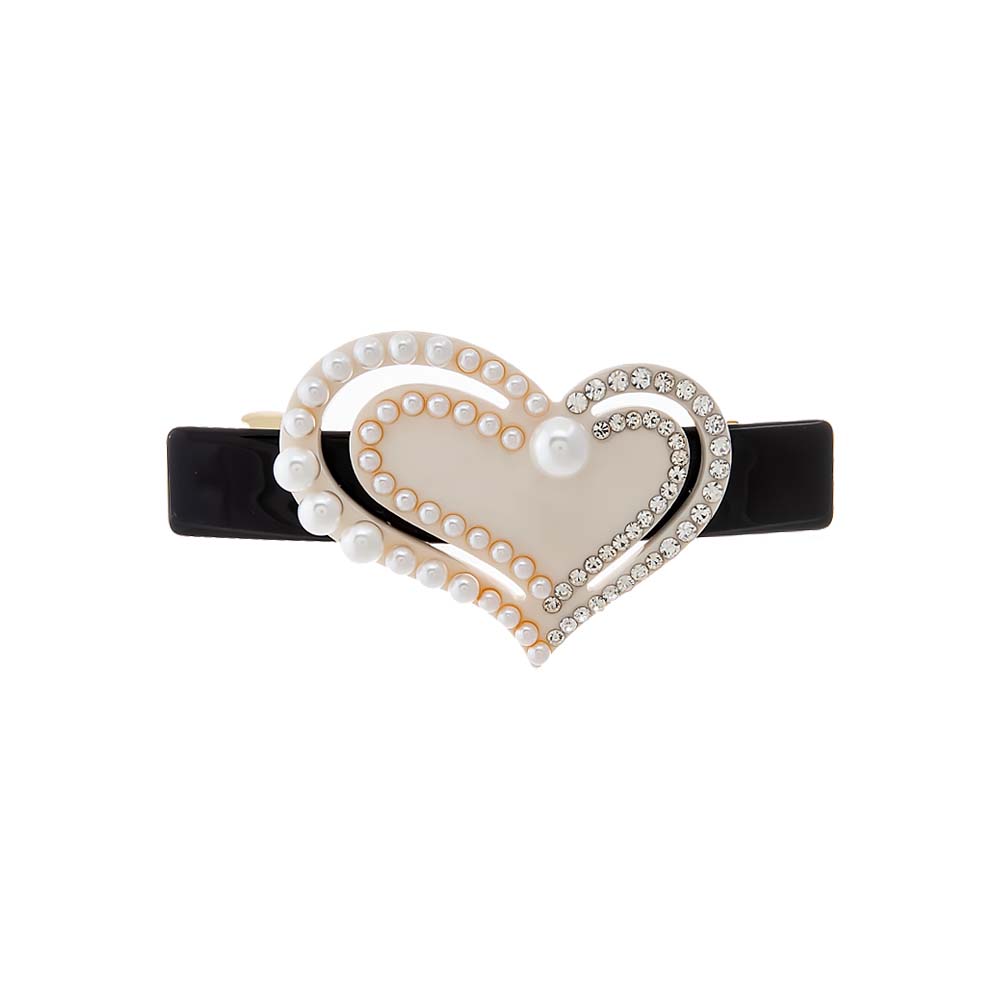 Black & Ivory Pearl & Rhinestone Cutout Heart Barrette - Adina Eden's Jewels