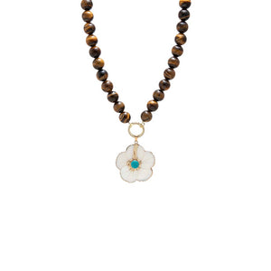 White Turquoise White Shell Flower/ Tiger Eye Large Beaded Pendant Necklace - Adina Eden's Jewels