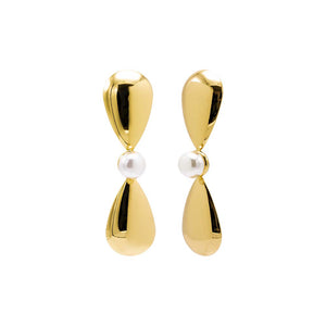 Gold Brushed Double Teardrop X Pearl Drop Stud Earring - Adina Eden's Jewels