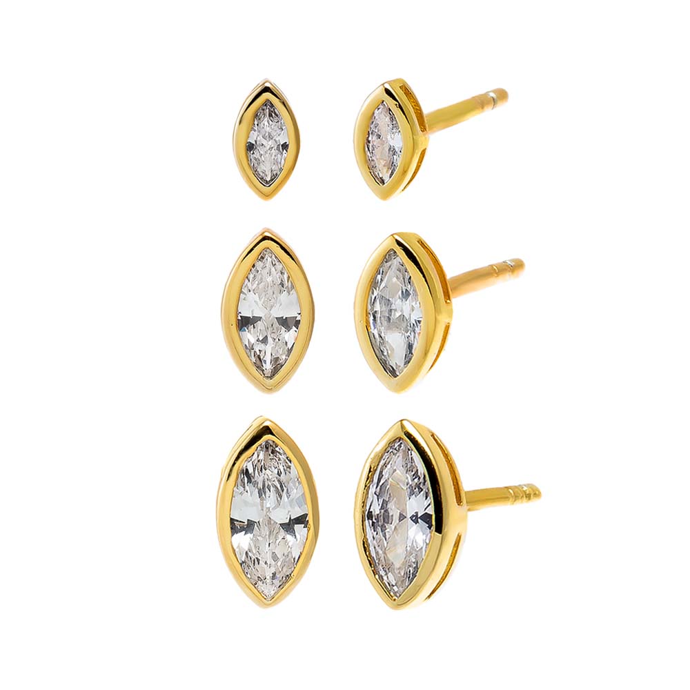Gold CZ Graduated Marquise Bezel Stud Earring Combo Set - Adina Eden's Jewels