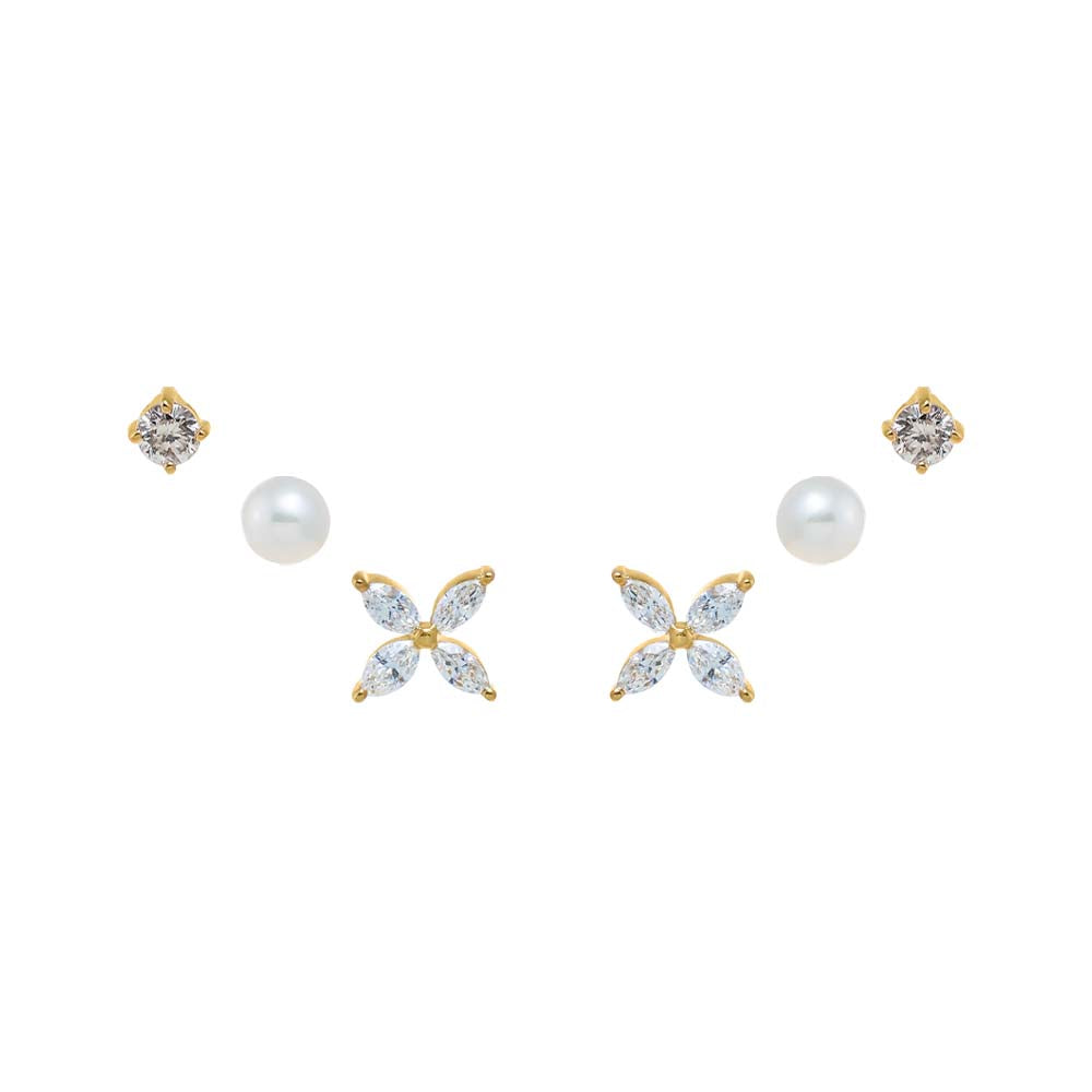14K Gold Diamond Flower & Pearls Stud Earring Combo Set 14K - Adina Eden's Jewels