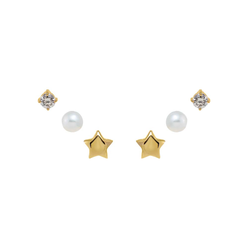 14K Gold Star, Diamond, & Pearls Stud Earring Combo Set 14K - Adina Eden's Jewels