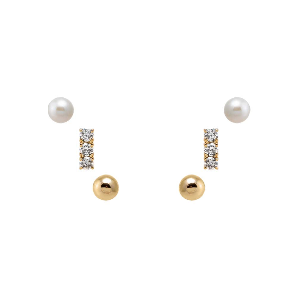 14K Gold Diamond Bar, Pearls, & Ball Stud Earring Combo Set 14K - Adina Eden's Jewels