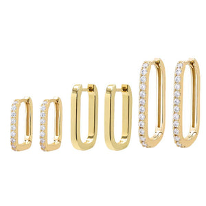 Gold Triple Solid/Pave Paperclip Huggie Earring Combo Set - Adina Eden's Jewels